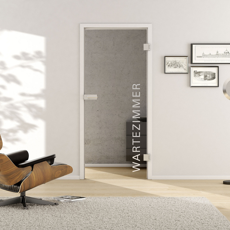 Living situation with shows the GRIFFWERK glass door Typo_LD_554 laser one side in the version revolving door - DIN right - studio / office - tempered safety glass PURE WHITE