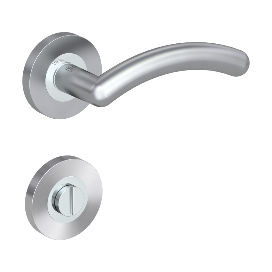Isolated product image in the right-turned angle shows the GRIFFWERK rose set GABRIELLA in the version turn and release - chrome/silver matt - screw on technique outside view