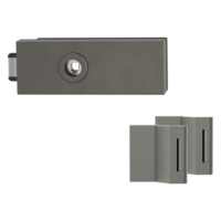 Silhouette product image in perfect product view shows the GRIFFWERK glass door lock set PURISTO S in the version smart2lock, cashmere grey, 3-part hinge set