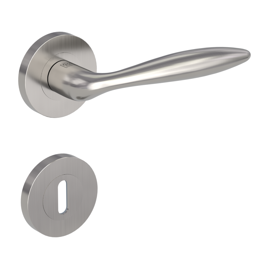 Isolated product image in the right-turned angle shows the GRIFFWERK rose set ALINA in the version mortice lock - nickel matt - screw on technique