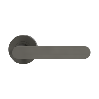 The image shows the Griffwerk door handle set AVUS in the version with rose set round unlockable screw on cashmere grey