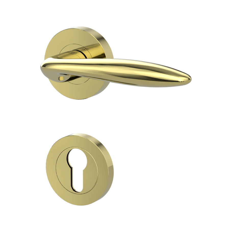 Isolated product image in the left-turned angle shows the GRIFFWERK rose set ALINA in the version euro profile - brass look - screw on technique
