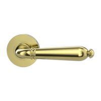 The image shows the Griffwerk door handle set CAROLA in the version with rose set round unlockable screw on brass look