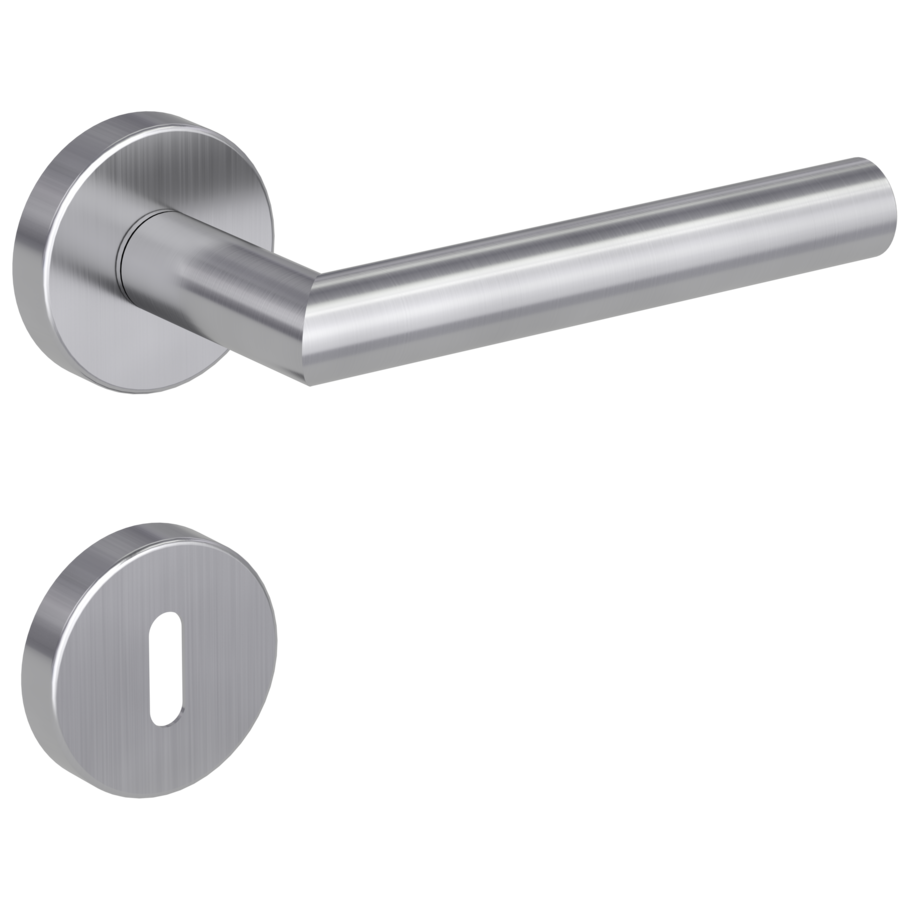 Isolated product image in the right-turned angle shows the GRIFFWERK rose set LUCIA in the version mortice lock - brushed steel - clip on technique