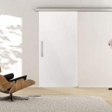 Ambient image in living situation illustrates the Griffwerk sliding glass door PIANO WHITE in the version LSG PURE WHITE white opaque