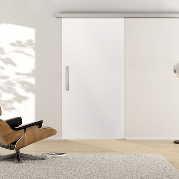 Ambientebild in Wohnraumsituation illustriert die Griffwerk Glasschiebetür PIANO WHITE in der Ausführung VSG PURE WHITE weiß blickdicht