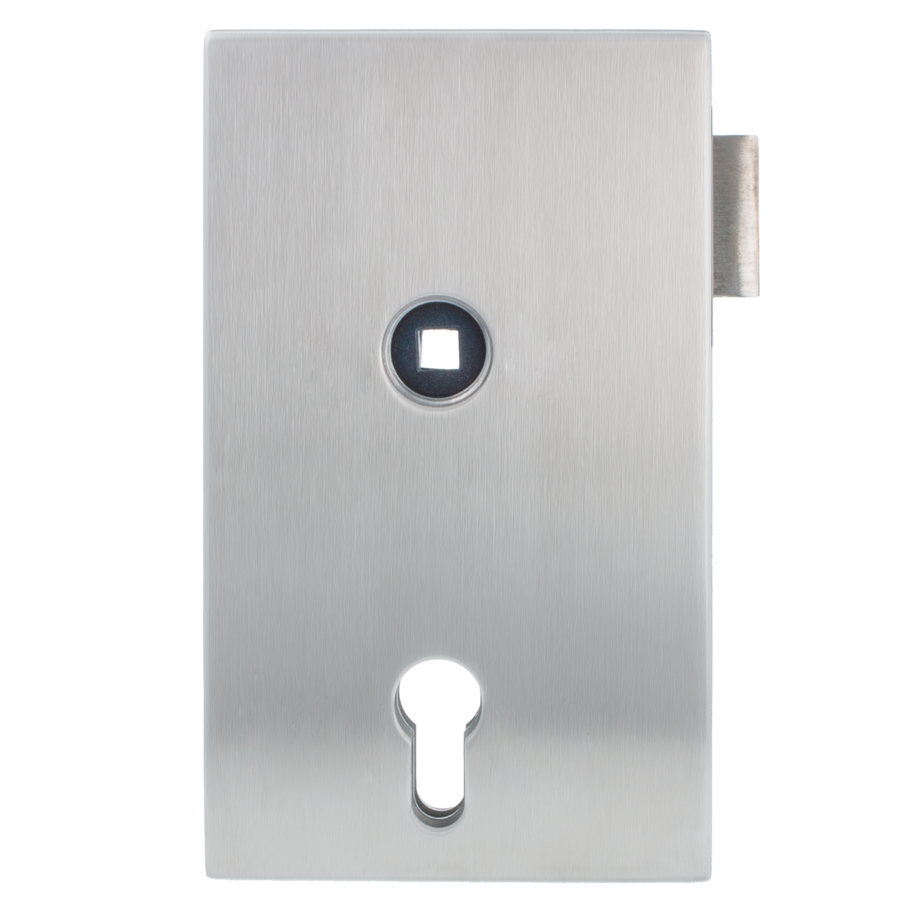 Silhouette product image in perfect product view shows the GRIFFWERK glass door fitting QUATTRO in the version profile cylinder left - stainless steel mat - 3-part hinge office/office 
