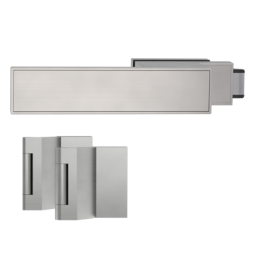 Freigestelltes Produktbild im idealen Blickwinkel fotografiert zeigt das Griffwerk Glastürbeschlagset FRAME in der Version unverschließbar, Samtgrau, 3-teiliger Bandsatz