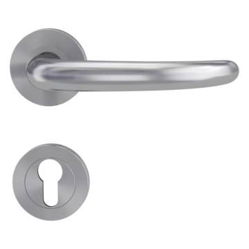 Isolated product image in perfect product view shows the GRIFFWERK rose set ULMER GRIFF PROF in the version euro profile - brushed steel - screw on technique