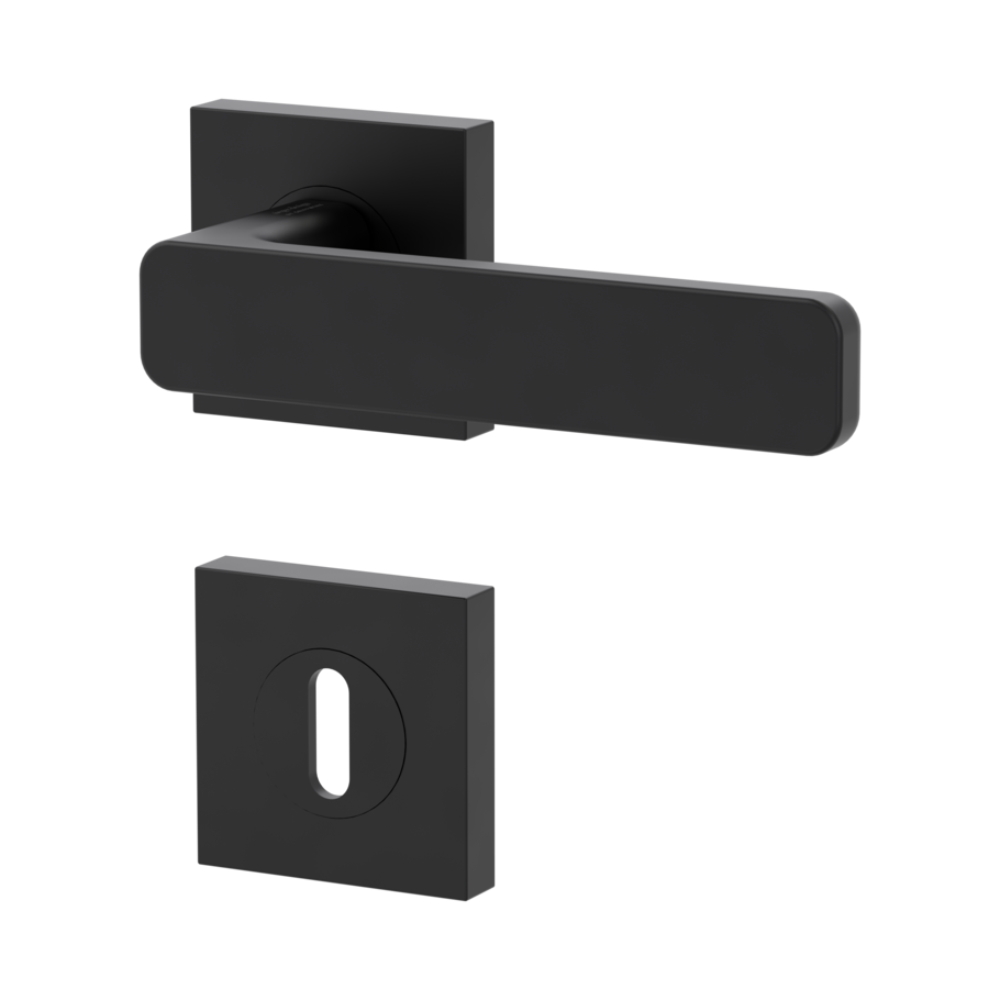 Isolated product image in the left-turned angle shows the GRIFFWERK rose set square MINIMAL MODERN in the version mortice lock - graphite black - screw on technique