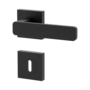 Isolated product image in the left-turned angle shows the GRIFFWERK rose set square MINIMAL MODERN in the version mortice lock - graphite black - screw on technique