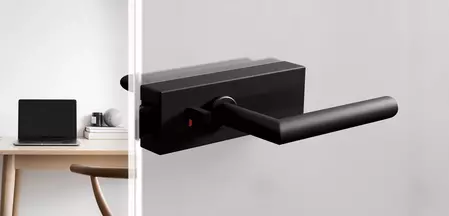 La ilustración muestra la Caja de cerradura PURISTO S de Griffwerk con smart2lock en la Superficie Negro grafito.
