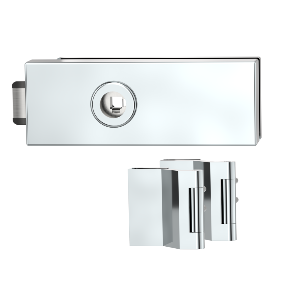glass door lock set PURISTO S unlockable silent 3-part hinges chrome optic