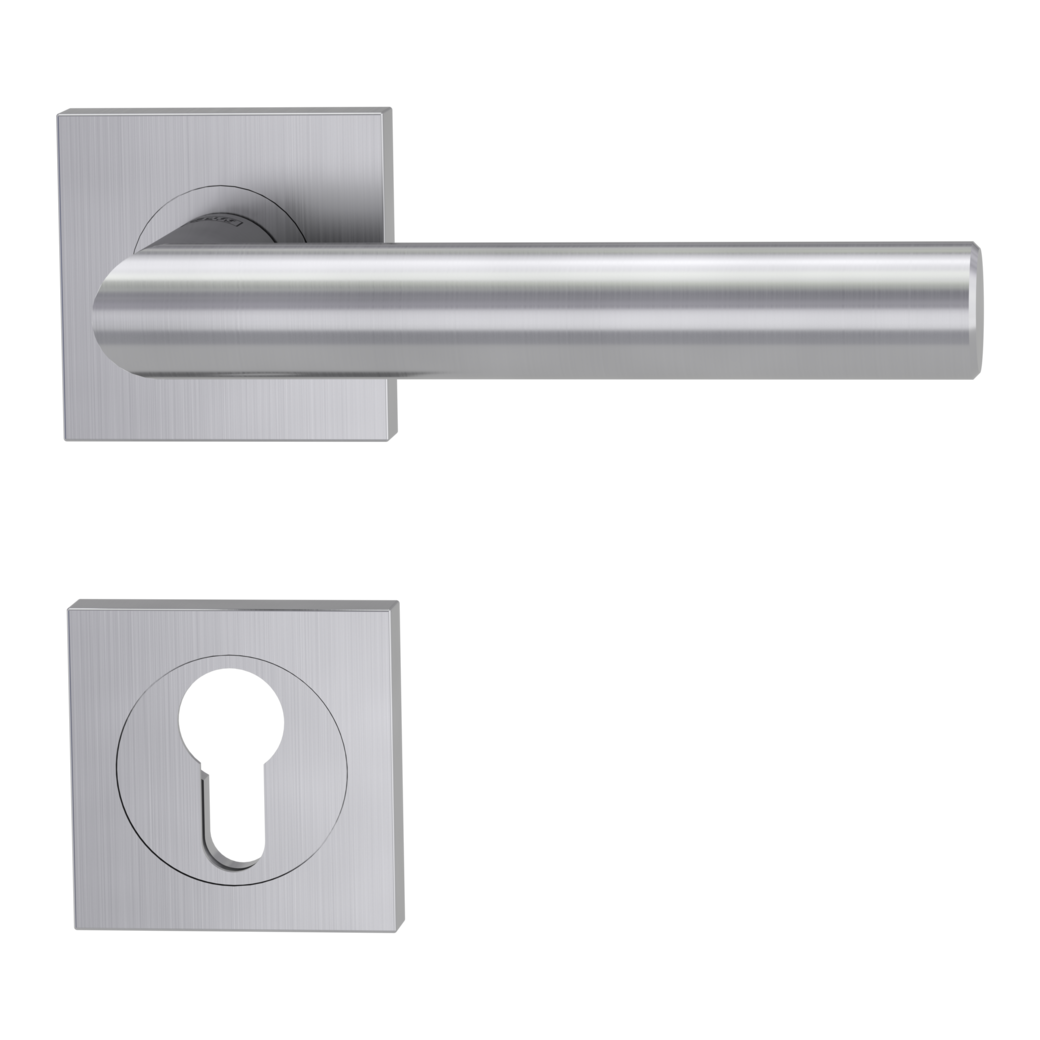 LUCIA PROF door handle set Screw-on sys.GK3 straight-edged escut. Satin stainless steel profile cylinder