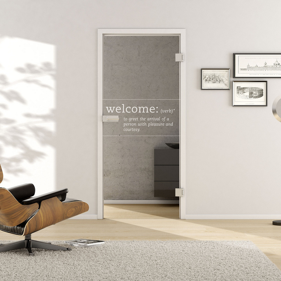 Living situation with shows the GRIFFWERK glass door Typo_LD_667 laser one side in the version revolving door - DIN right - studio / office - tempered safety glass PURE WHITE 