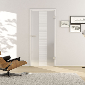 Wohnsituation mit zeigt die GRIFFWERK Glastür Lines_LD_557 in der Ausführung DIN rechts - Drehtür Bohrung Studio/Office - Einscheibensicherheitsglas PURE WHITE Laser / Siebdruck 