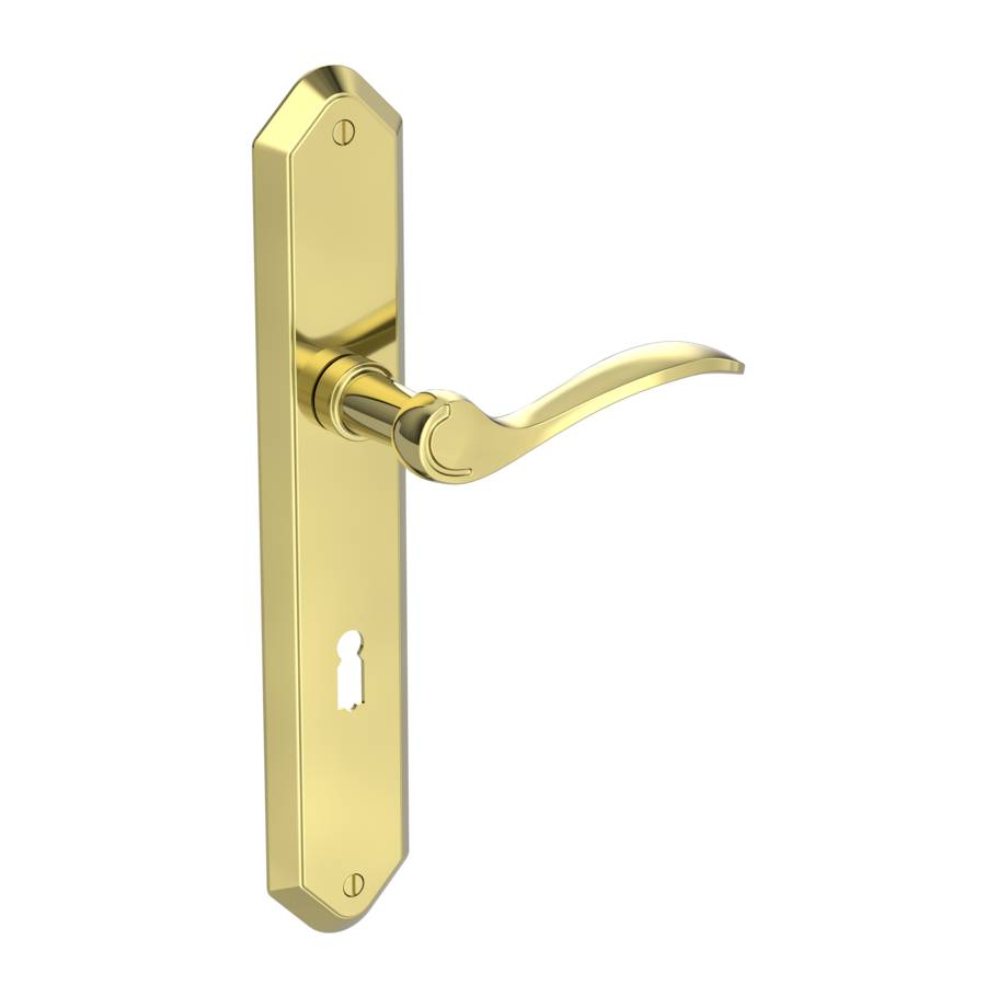 Isolated product image in the right-turned angle shows the GRIFFWERK long plate set AMADEUS in the version mortice lock - brass look - deco screw
