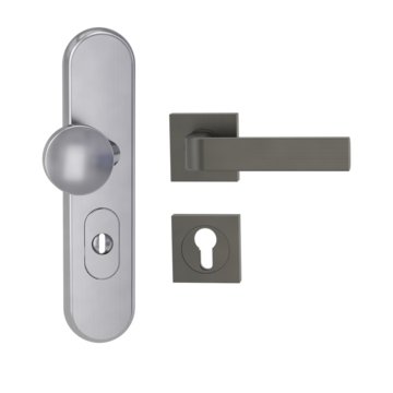 Silhouette product image in perfect product view shows the Griffwerk security combi set TITANO_882 in the version cylinder cover, square, brushed steel, clip on with the door handle GRAPH KGR