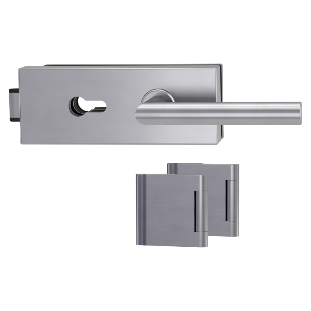 glass door lock set FABRICO euro profile silent 3-part hinges L-FORM brushed steel look