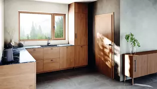 Auf der Abbildung ist eine Holzküche mit den neuen Griffen Aris zu sehen. Das Design des Griffes ist erhältlich als Türgriff, Fenstergriff und Möbelgriff.