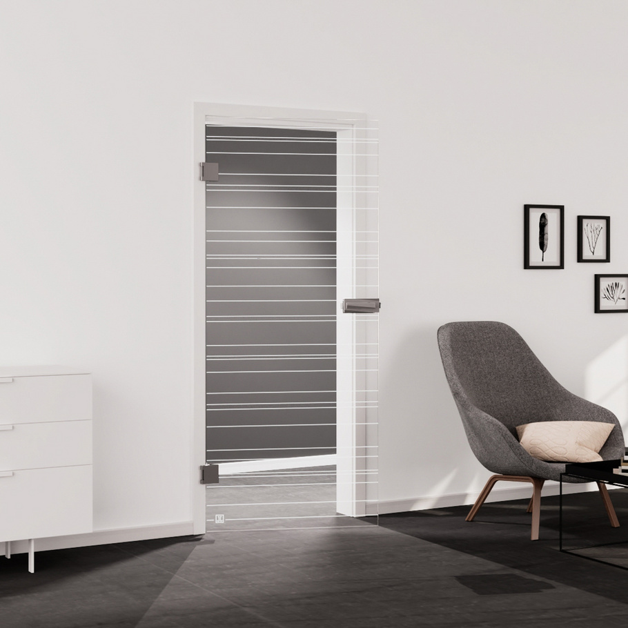 Living situation which shows the glass door with tempered safety glass (ESG) laserdecor JETTE LINES 814 in the vision clear PURE WHITE drilling Studio/Office revolving door DIN L