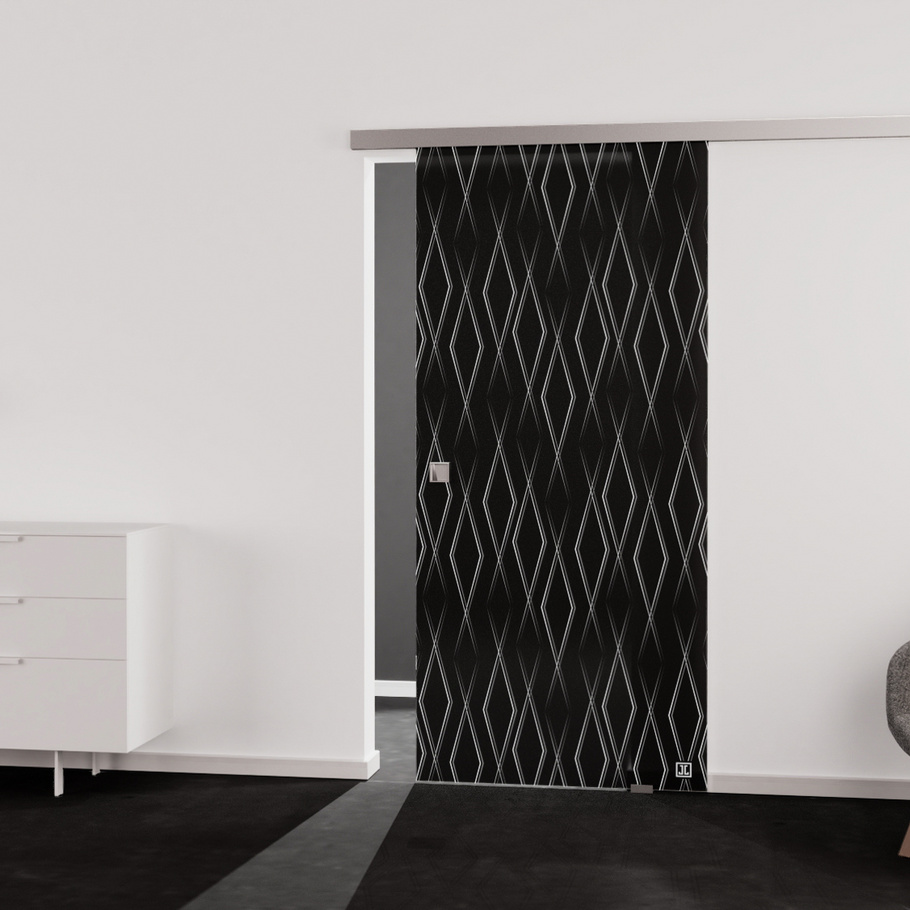 Living situation which shows the glass door with tempered safety glass (ESG) laserdecor JETTE FOREVER 687 in the vision frosted MOON GREY drilling Studio/Office sliding door
