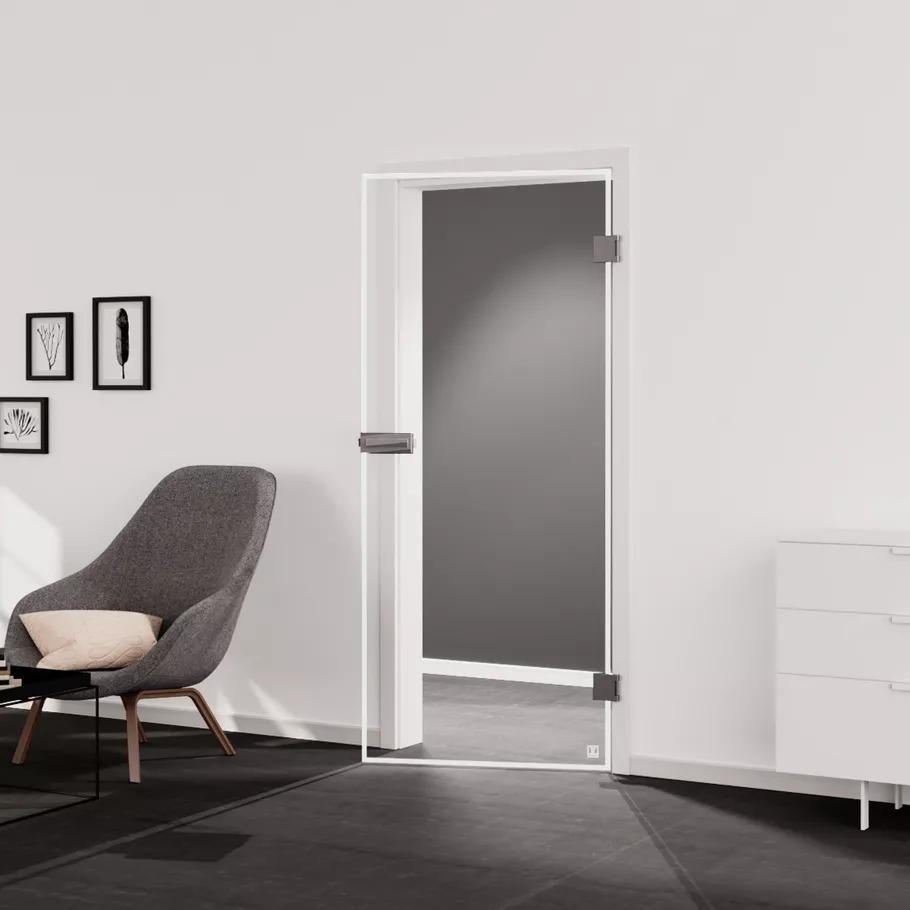 Glasdrehtür FRAME 815 VSG PURE WHITE klar 834x1972x8.8mm Studio/Office DIN R