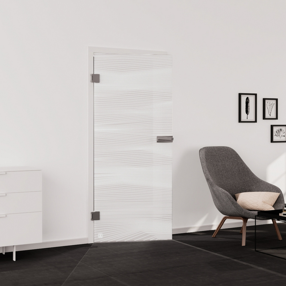 Living situation which shows the glass door with tempered safety glass (ESG) silk screen print JETTE VISION 560 in the vision frosted PURE WHITE drilling Studio/Office revolving door DIN L