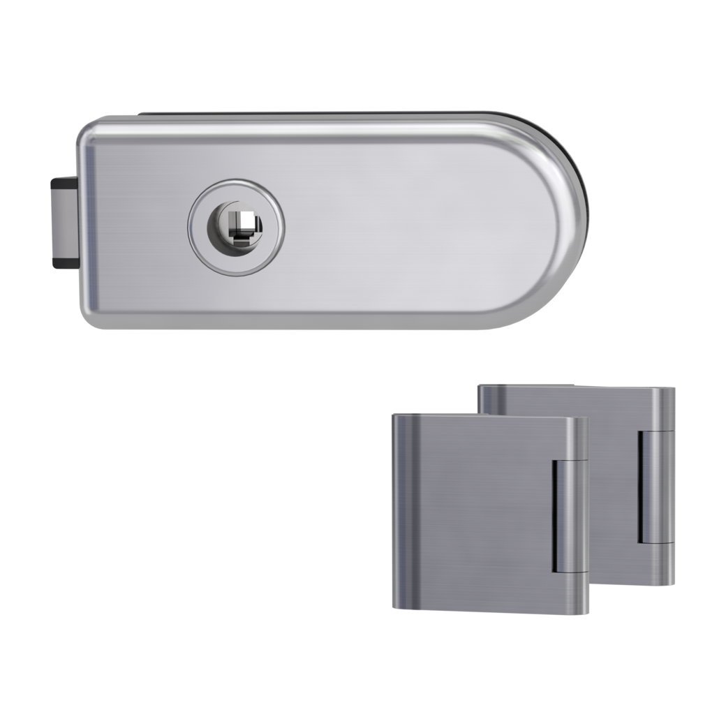 glass door lock set CLASSICO unlockable silent 3-part hinges brushed steel