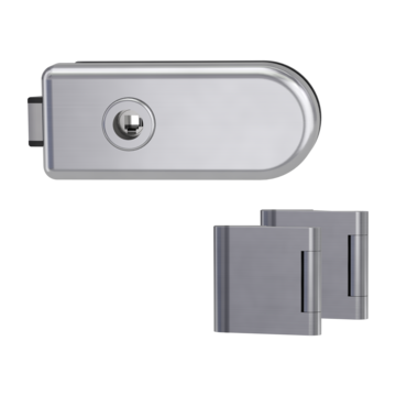 Silhouette product image in perfect product view shows the GRIFFWERK glass door lock set CLASSICO in the version wc lock side, brushed steel, 3-part hinge set