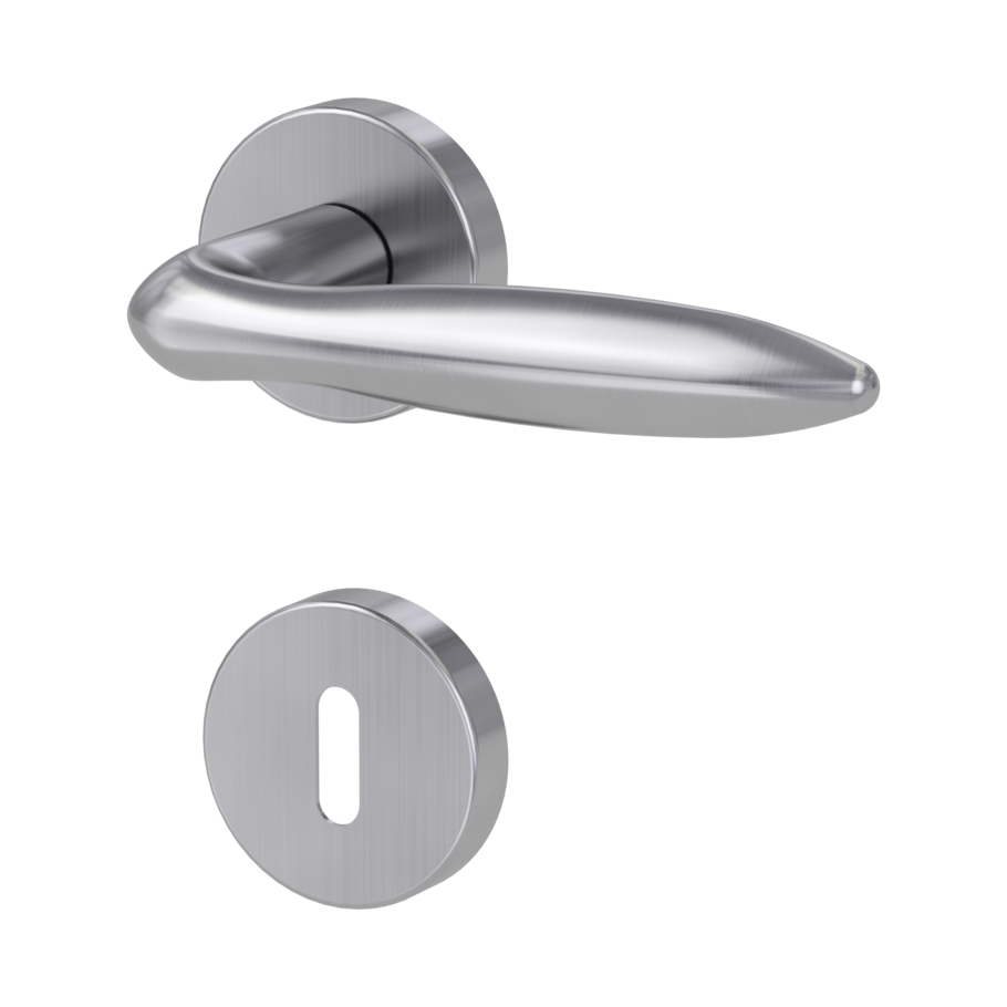 Isolated product image in the left-turned angle shows the GRIFFWERK door handle set VERONICA in the surface brushed steel version  mortice lock