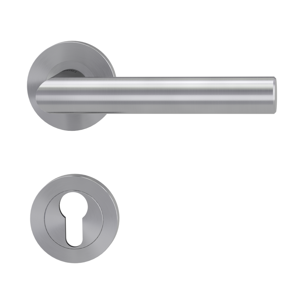 LUCIA PROF door handle set Screw-on system GK4 round escutcheons Satin stainless steel profile cylinder