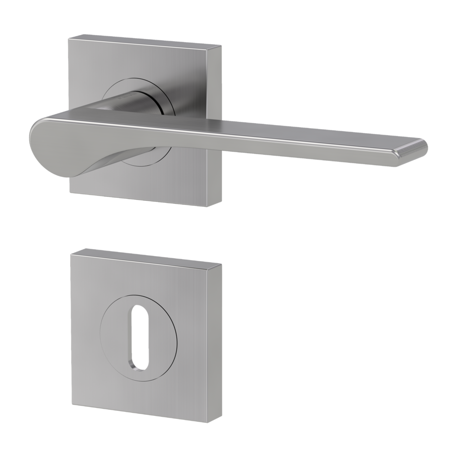 Isolated product image in the left-turned angle shows the GRIFFWERK rose set square LEAF LIGHT in the version mortice lock - velvet grey - screw on technique