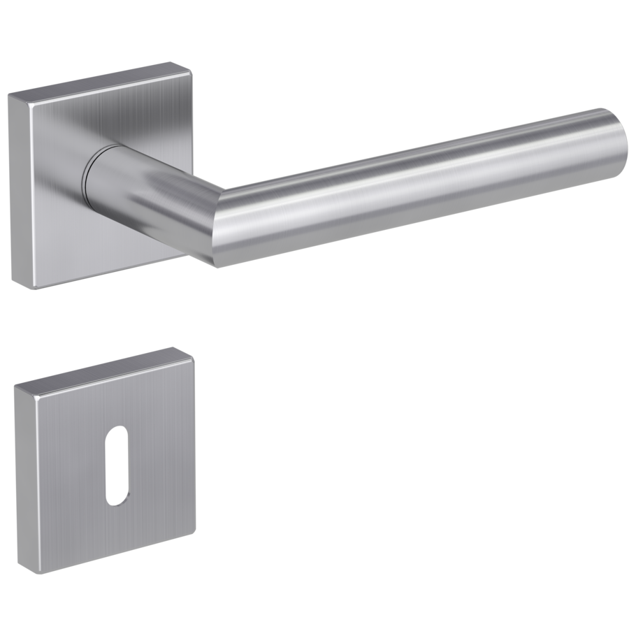 Isolated product image in the right-turned angle shows the GRIFFWERK rose set square LUCIA SQUARE in the version mortice lock - brushed steel - clip on technique