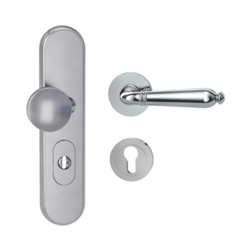 Silhouette product image in perfect product view shows the Griffwerk security combi set TITANO_882 in the version cylinder cover, round, brushed steel, clip on with the door handle CAROLA CHR