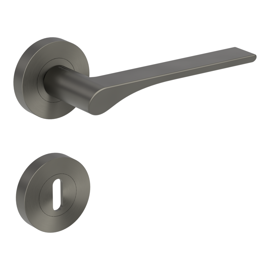 Isolated product image in the right-turned angle shows the GRIFFWERK rose set LEAF LIGHT in the version mortice lock - cashmere grey - screw on technique