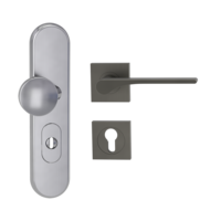 Silhouette product image in perfect product view shows the Griffwerk security combi set TITANO_882 in the version cylinder cover, square, brushed steel, clip on with the door handle LEAF LIGHT KGR