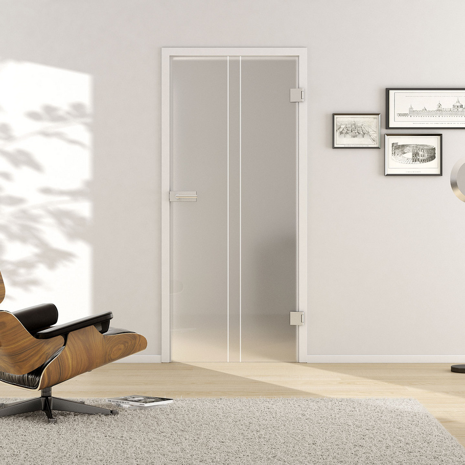 Living situation with shows the GRIFFWERK glass door Lines_LD_653 laser two sides in the version revolving door - DIN right - studio / office - tempered safety glass PURE WHITE 