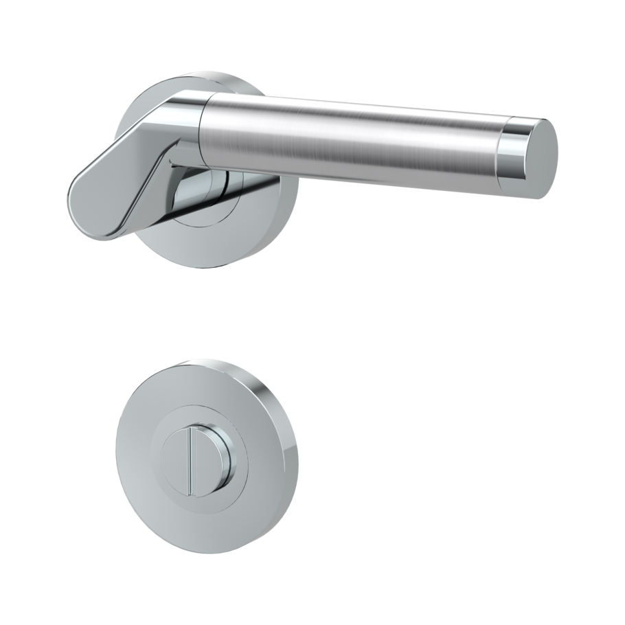 Isolated product image in the left-turned angle shows the GRIFFWERK rose set CORINNA in the version turn and release - chrome/brushed steel - screw on technique outside view
