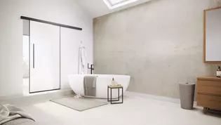 La ilustración muestra la Puerta corredera Planeo Air de Griffwerk en un cuarto de baño moderno.