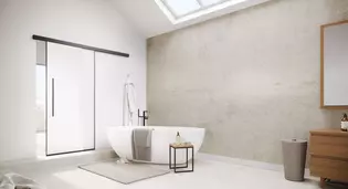 The picture shows the Planeo Air sliding door by Griffwerk in a modern bathroom.