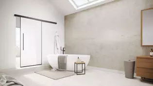 Die Abbildung zeigt die Planeo Air Schiebetür von Griffwerk in einem modernen Badezimmer.