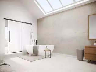 The picture shows the Planeo Air sliding door by Griffwerk in a modern bathroom.