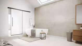 Ilustración PLANEO AIR de Griffwerk en cuarto de baño La ilustración muestra la Puerta corredera Planeo Air de Griffwerk en un cuarto de baño moderno.