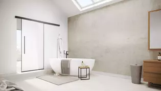 The picture shows the Planeo Air sliding door by Griffwerk in a modern bathroom.