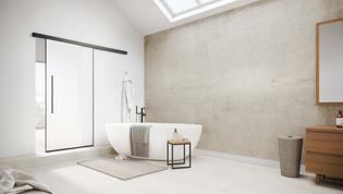 The picture shows the Planeo Air sliding door by Griffwerk in a modern bathroom.