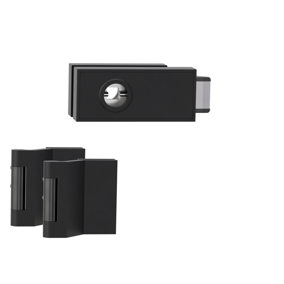 Silhouette product image in perfect product view shows the GRIFFWERK glass door lock set CUBE in the version unlockable, graphite black, 3-part hinge set