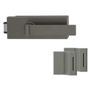 Silhouette product image in perfect product view shows the Griffwerk glass door lock set PURISTO S in the version unlockable, cashmere grey, 2-part hinge set with the handle pair GRAPH
