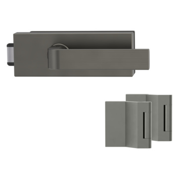 Silhouette product image in perfect product view shows the Griffwerk glass door lock set PURISTO S in the version unlockable, cashmere grey, 2-part hinge set with the handle pair GRAPH