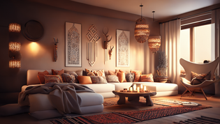 Wohnzimmer im Ethno-Stil mit natürlichen Materialien und traditionellen Mustern.